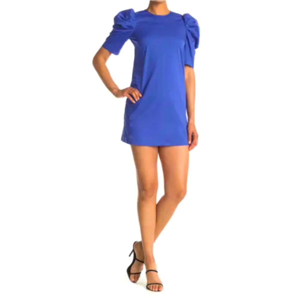 CINQ A SEPT Blue Erin Puff Sleeve Back Button Dress Size 2 Designer Luxury Party